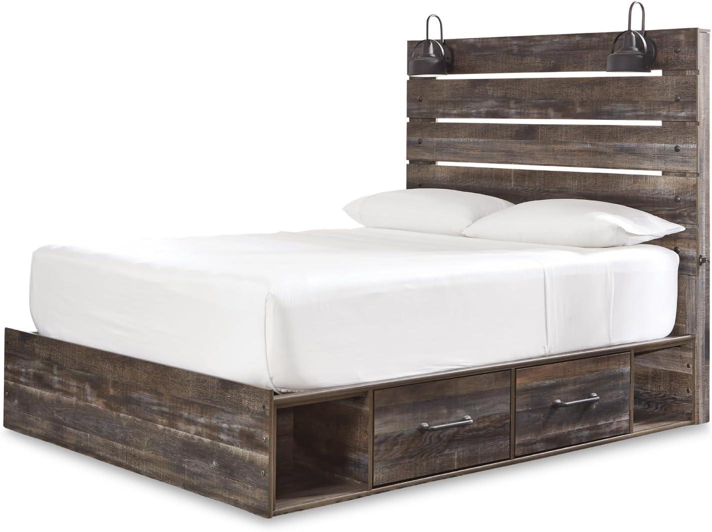 imageSignature Design by Ashley Drystan Rustic Queen Panel Platform Bed with 2 Storage Drawers Open Cubbies Sconce LED Lights and USB Ports Foundation or Box Spring Not Needed Dark Brown ampamp GrayQueen