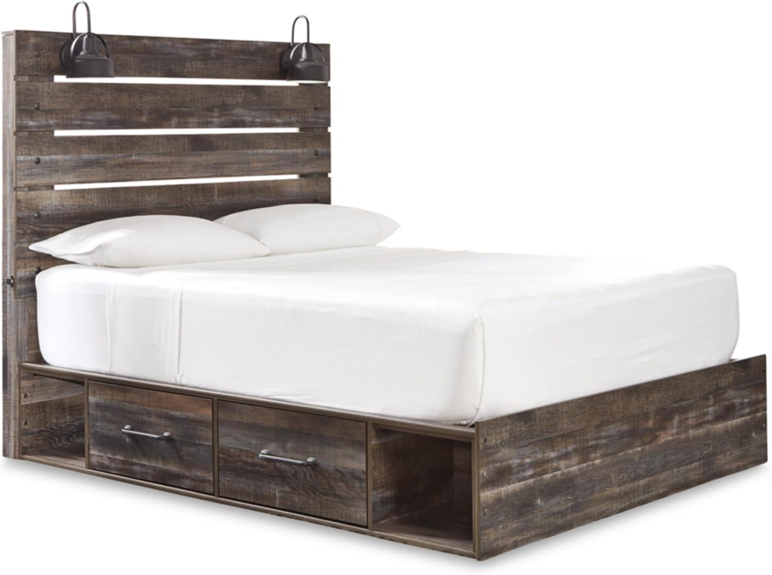 imageSignature Design by Ashley Drystan Rustic Queen Panel Platform Bed with 2 Storage Drawers Open Cubbies Sconce LED Lights and USB Ports Foundation or Box Spring Not Needed Dark Brown ampamp GrayQueen
