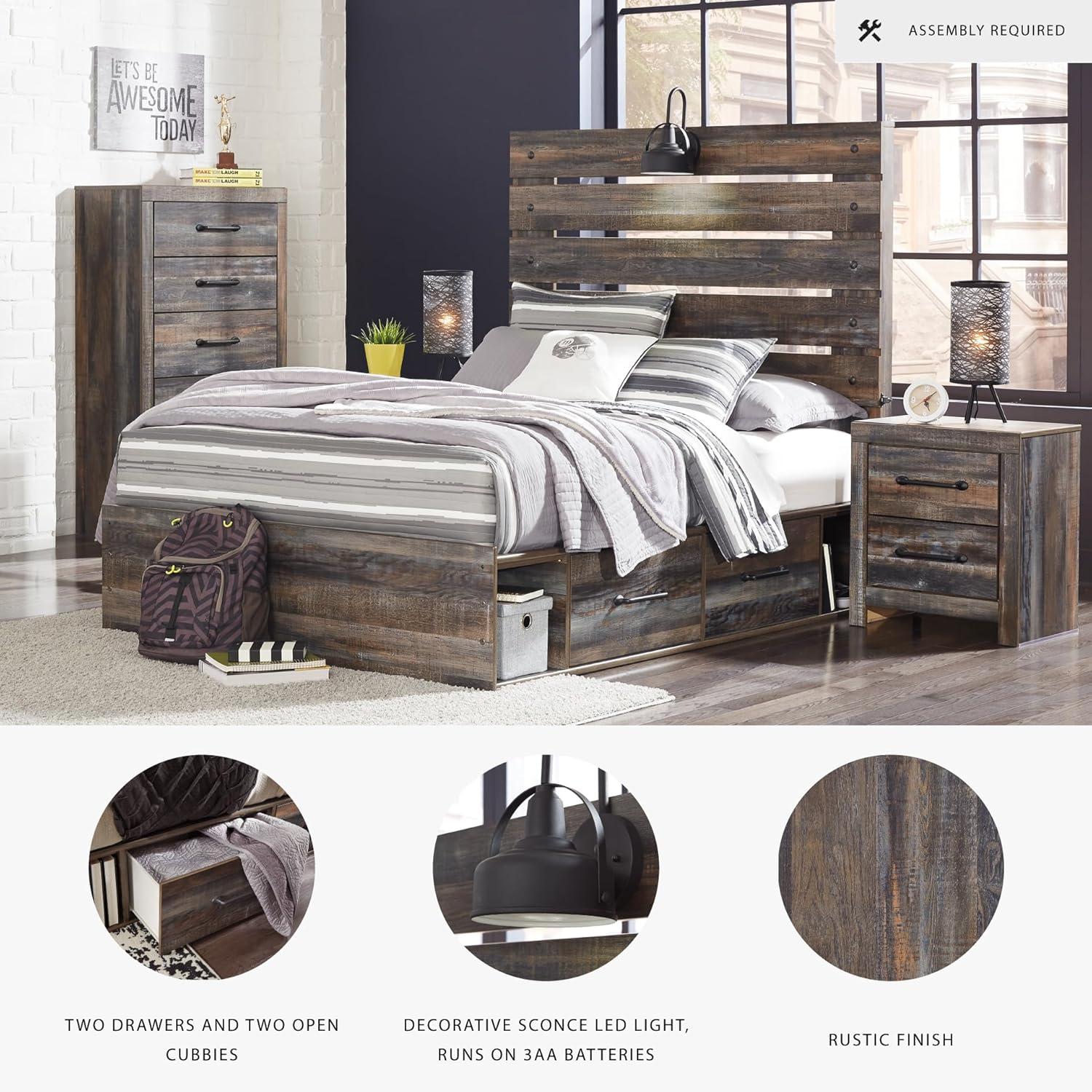 imageSignature Design by Ashley Drystan Rustic Queen Panel Platform Bed with 2 Storage Drawers Open Cubbies Sconce LED Lights and USB Ports Foundation or Box Spring Not Needed Dark Brown ampamp GrayFull