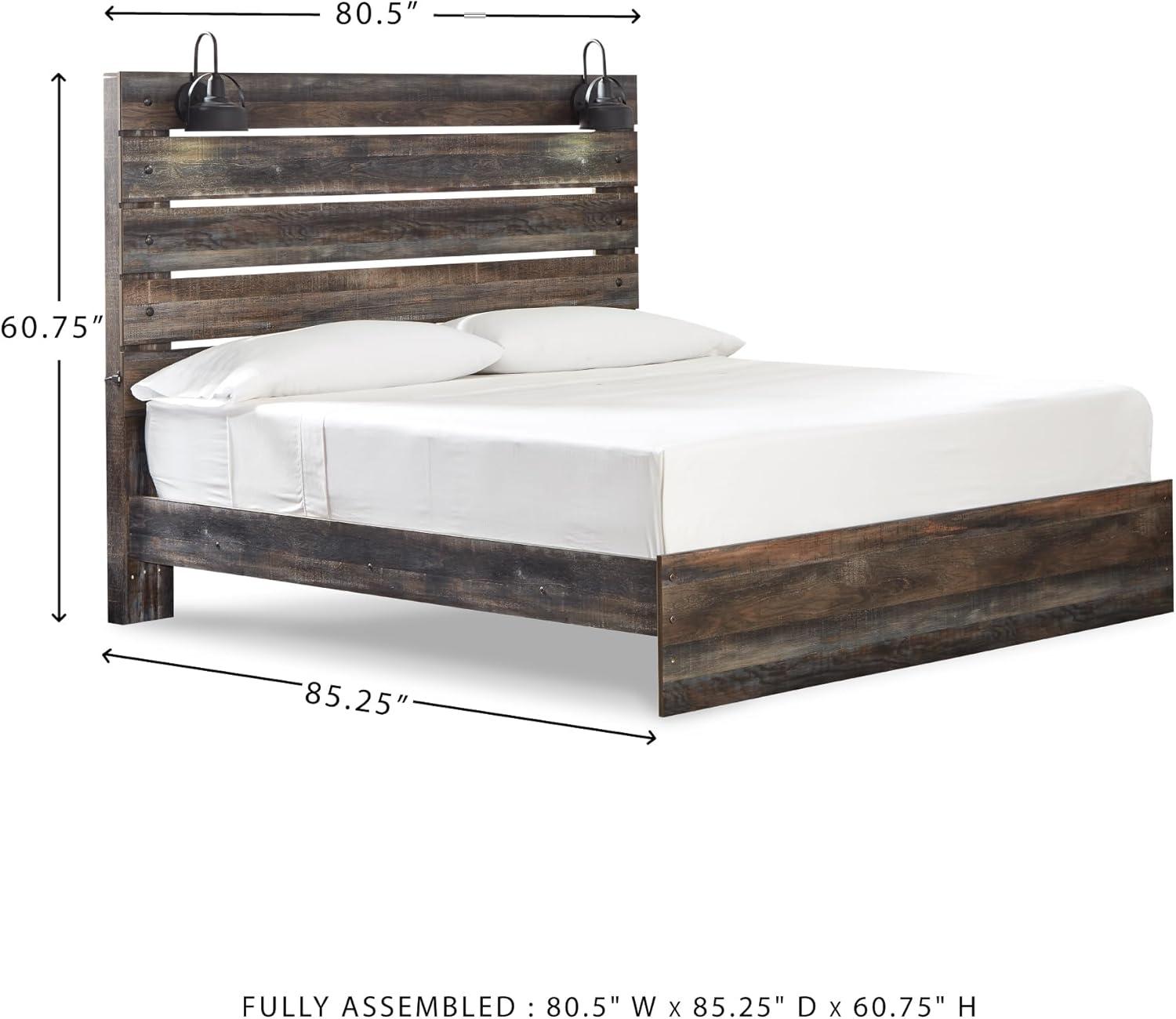imageSignature Design by Ashley Drystan Rustic Queen Panel Platform Bed with 2 Storage Drawers Open Cubbies Sconce LED Lights and USB Ports Foundation or Box Spring Not Needed Dark Brown ampamp GrayKing