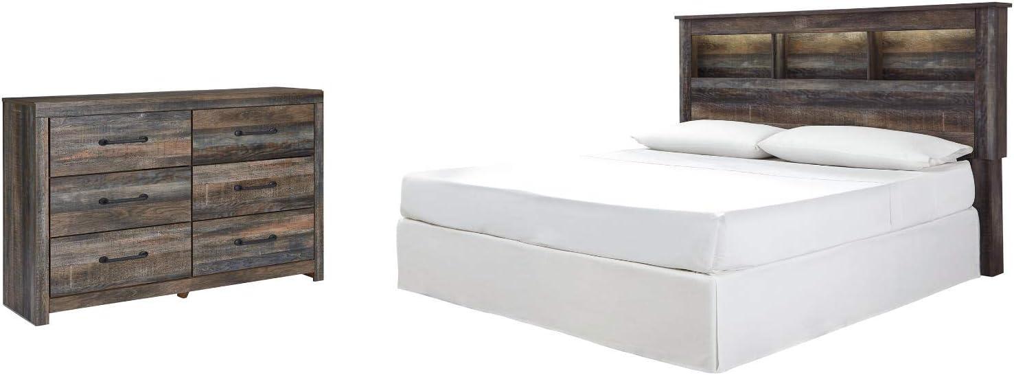 imageSignature Design by Ashley Drystan Rustic Queen Panel Platform Bed with 2 Storage Drawers Open Cubbies Sconce LED Lights and USB Ports Foundation or Box Spring Not Needed Dark Brown ampamp GrayCalifornia King