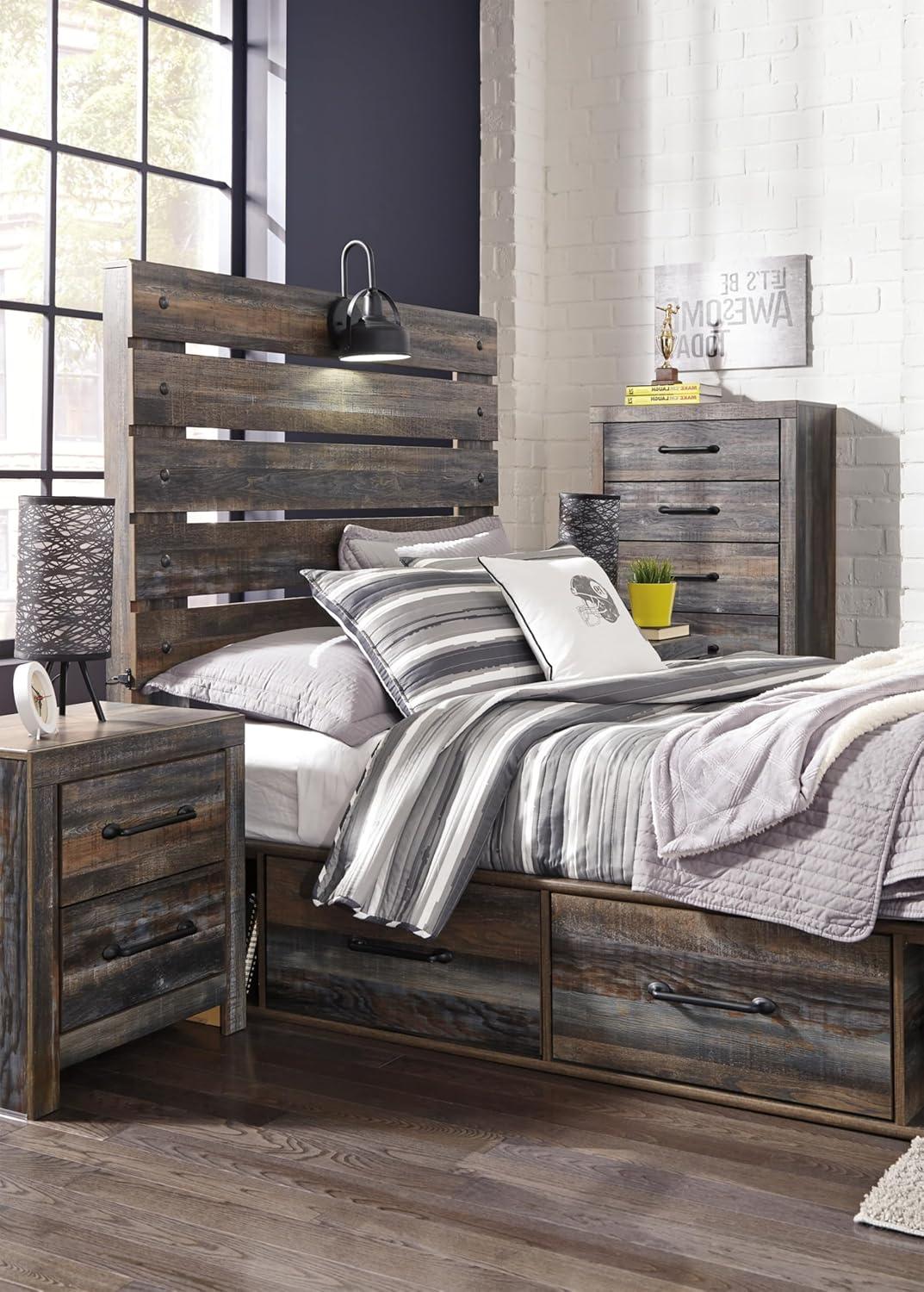 imageSignature Design by Ashley Drystan Rustic Queen Panel Platform Bed with 2 Storage Drawers Open Cubbies Sconce LED Lights and USB Ports Foundation or Box Spring Not Needed Dark Brown ampamp GrayFull