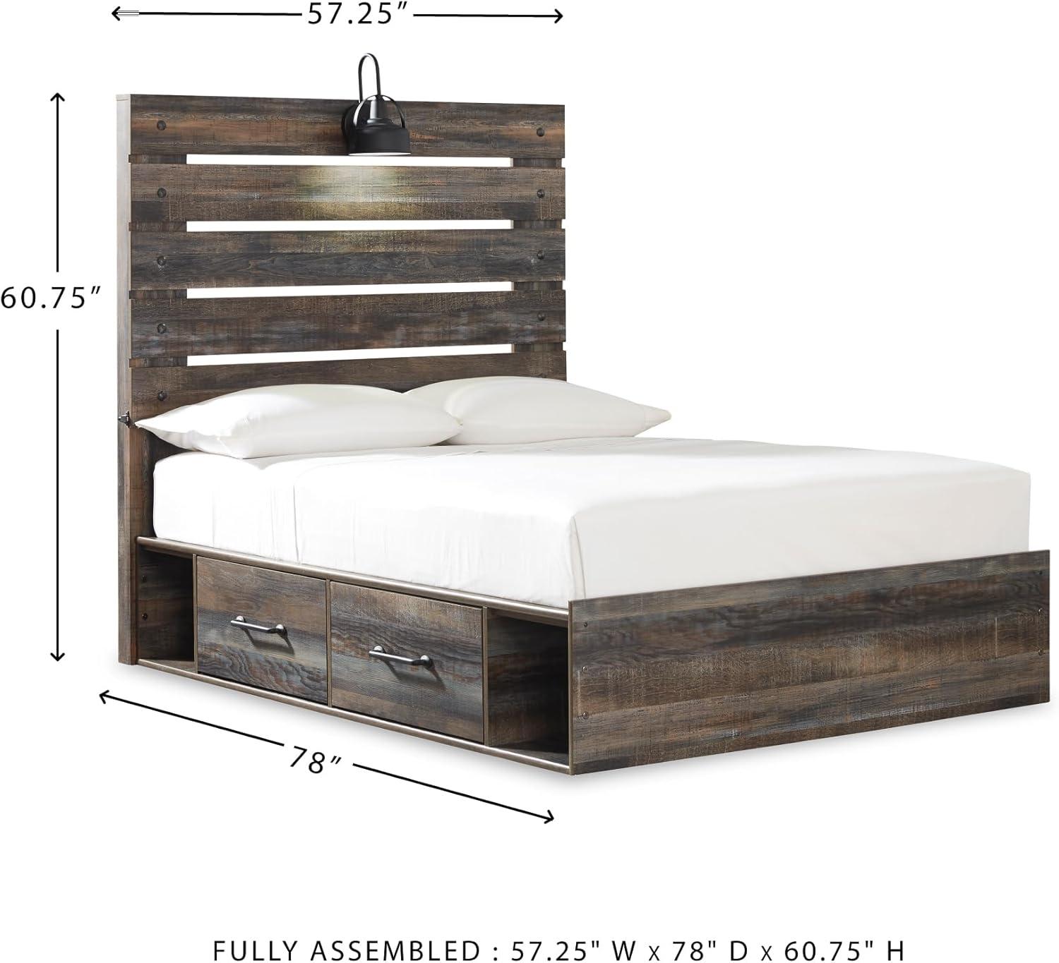 imageSignature Design by Ashley Drystan Rustic Queen Panel Platform Bed with 2 Storage Drawers Open Cubbies Sconce LED Lights and USB Ports Foundation or Box Spring Not Needed Dark Brown ampamp GrayFull