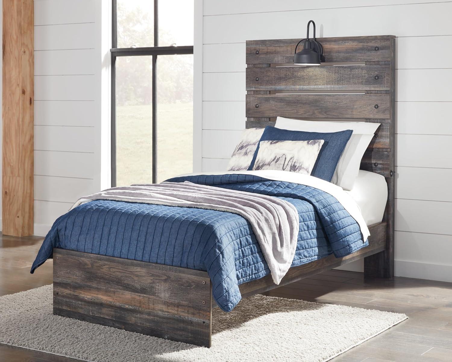imageSignature Design by Ashley Drystan Rustic Queen Panel Platform Bed with 2 Storage Drawers Open Cubbies Sconce LED Lights and USB Ports Foundation or Box Spring Not Needed Dark Brown ampamp GrayTwin