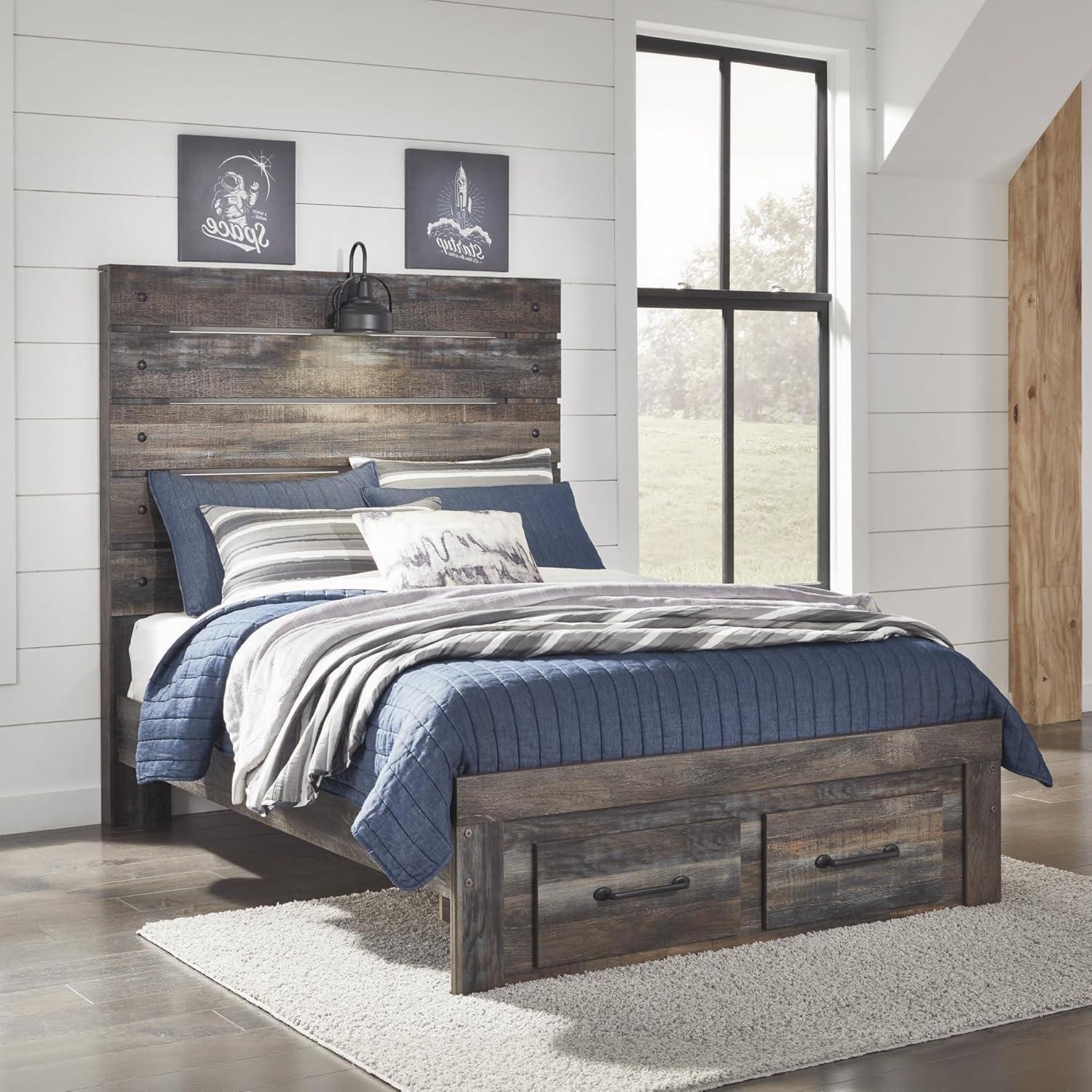 imageSignature Design by Ashley Drystan Rustic Queen Panel Platform Bed with 2 Storage Drawers Open Cubbies Sconce LED Lights and USB Ports Foundation or Box Spring Not Needed Dark Brown ampamp GrayFull