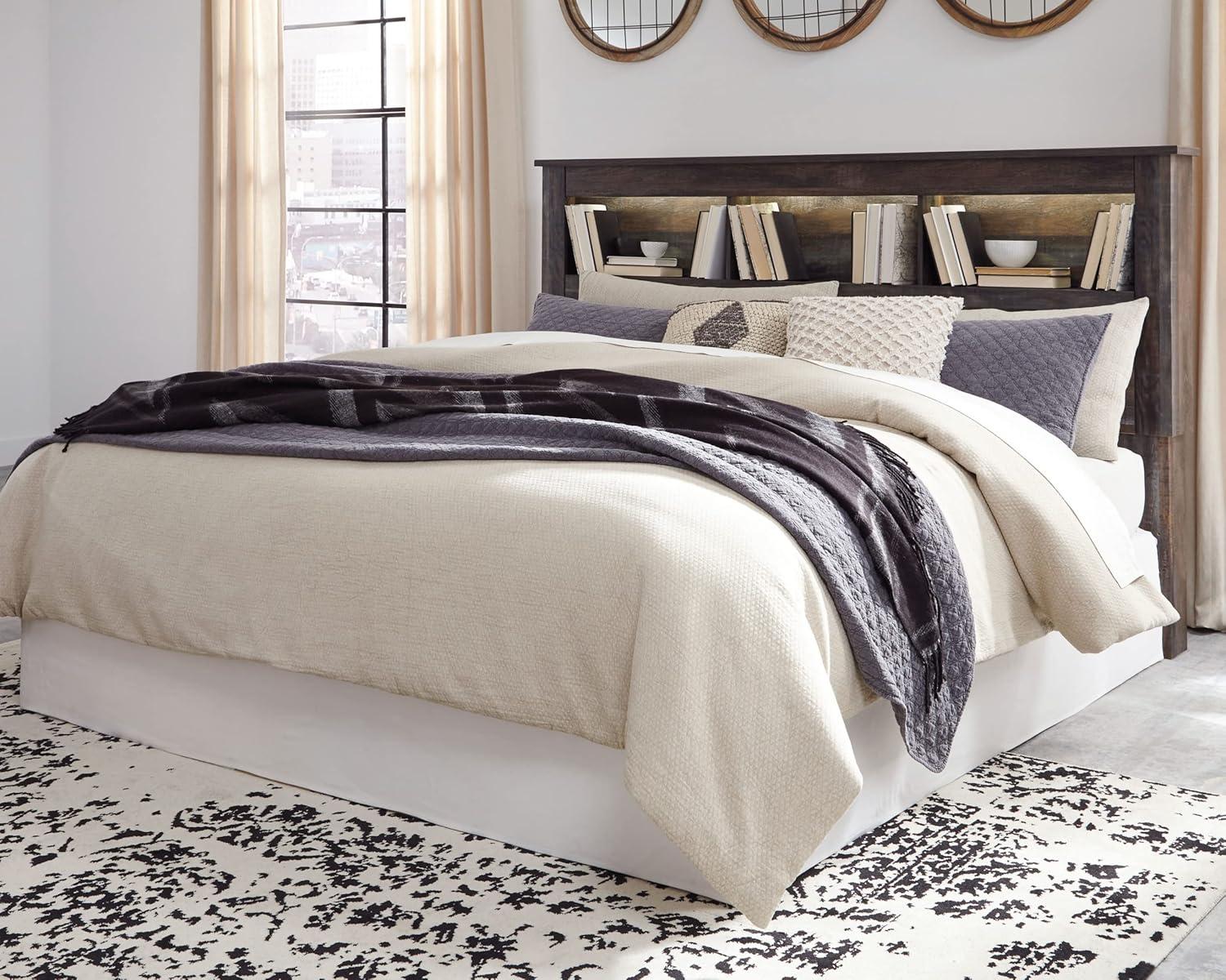 imageSignature Design by Ashley Drystan Rustic Queen Panel Platform Bed with 2 Storage Drawers Open Cubbies Sconce LED Lights and USB Ports Foundation or Box Spring Not Needed Dark Brown ampamp GrayCalifornia King