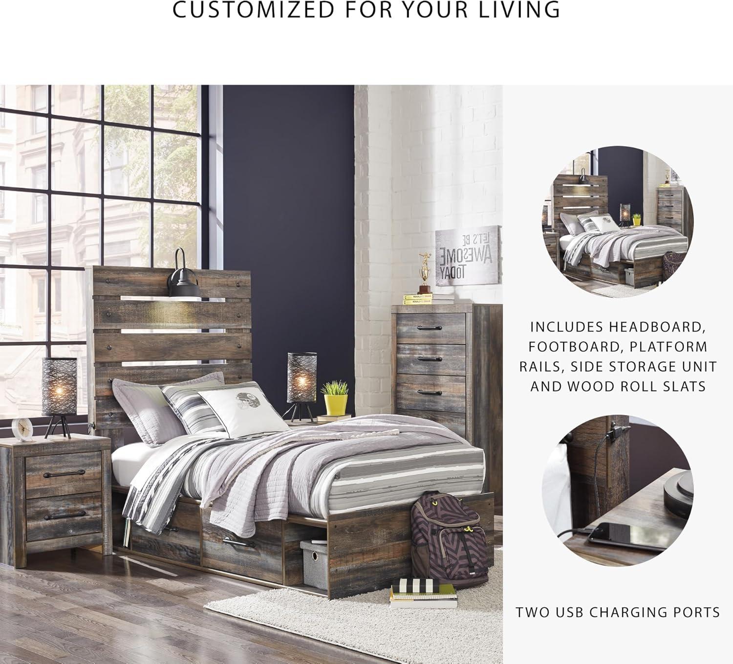 imageSignature Design by Ashley Drystan Rustic Queen Panel Platform Bed with 2 Storage Drawers Open Cubbies Sconce LED Lights and USB Ports Foundation or Box Spring Not Needed Dark Brown ampamp GrayTwin