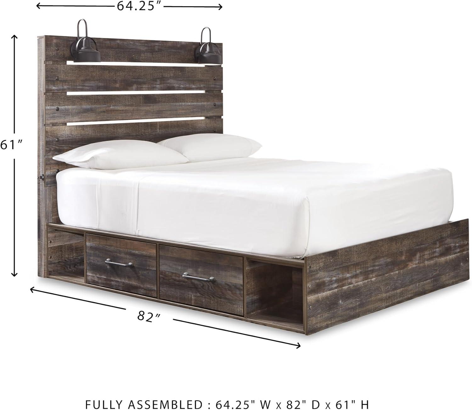 imageSignature Design by Ashley Drystan Rustic Queen Panel Platform Bed with 2 Storage Drawers Open Cubbies Sconce LED Lights and USB Ports Foundation or Box Spring Not Needed Dark Brown ampamp GrayQueen