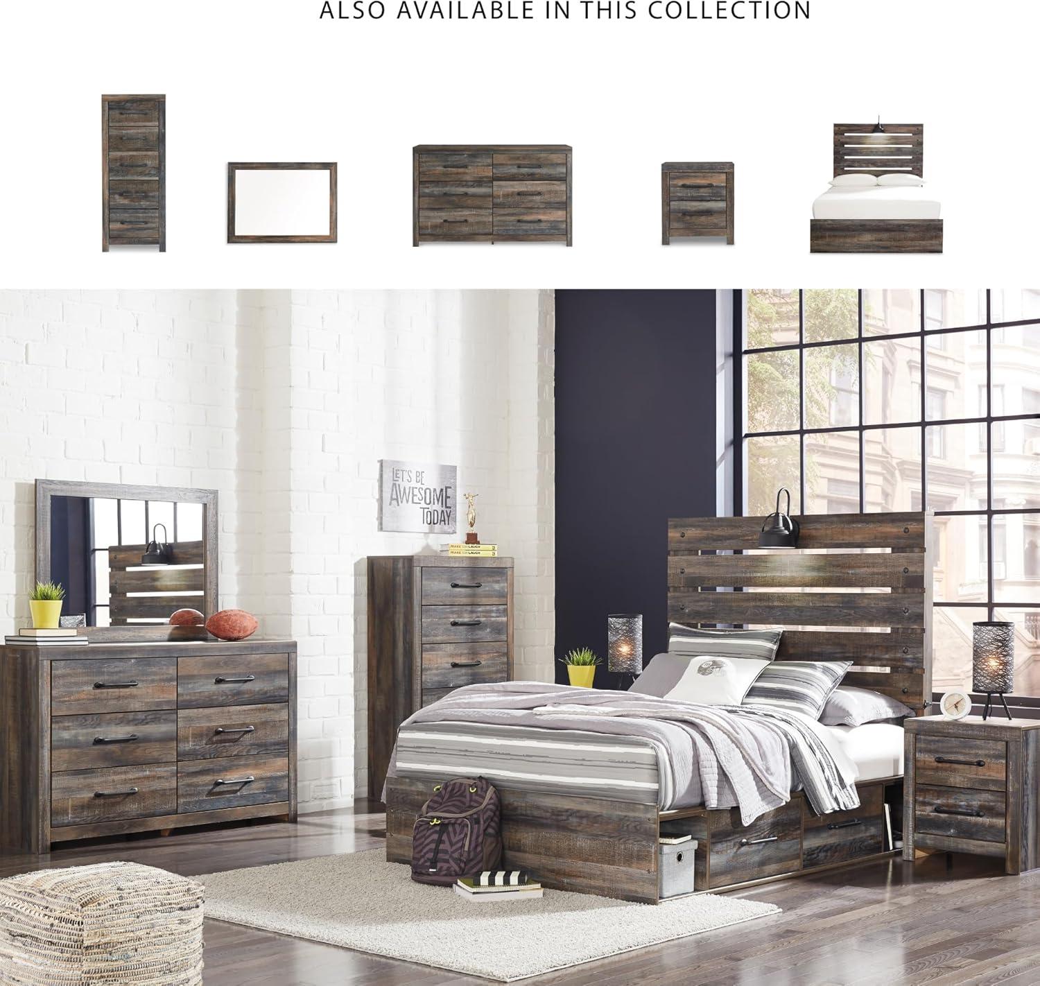 imageSignature Design by Ashley Drystan Rustic Queen Panel Platform Bed with 2 Storage Drawers Open Cubbies Sconce LED Lights and USB Ports Foundation or Box Spring Not Needed Dark Brown ampamp GrayFull