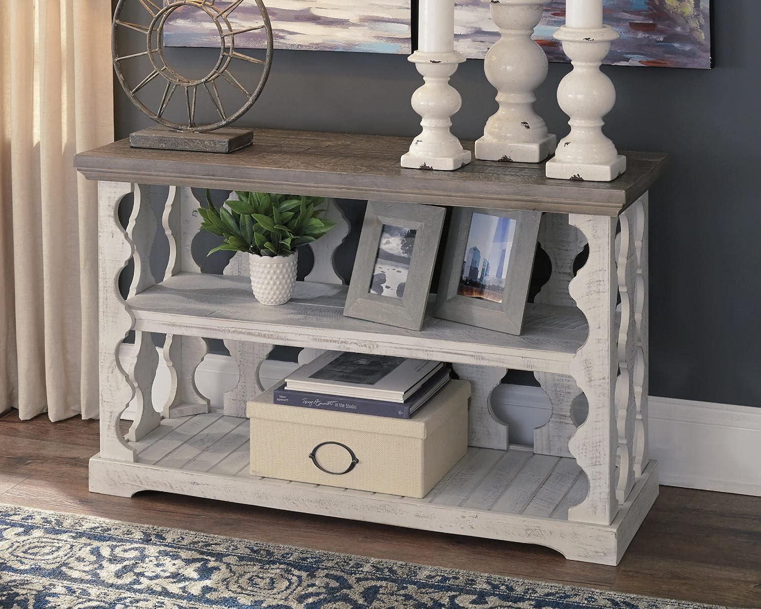 imageSignature Design by Ashley Havalance Farmhouse Console Sofa Table Fixed Shelf Pine Wood 455quot W x 1725quot D x 2788quot H Distressed Finish Gray ampamp White