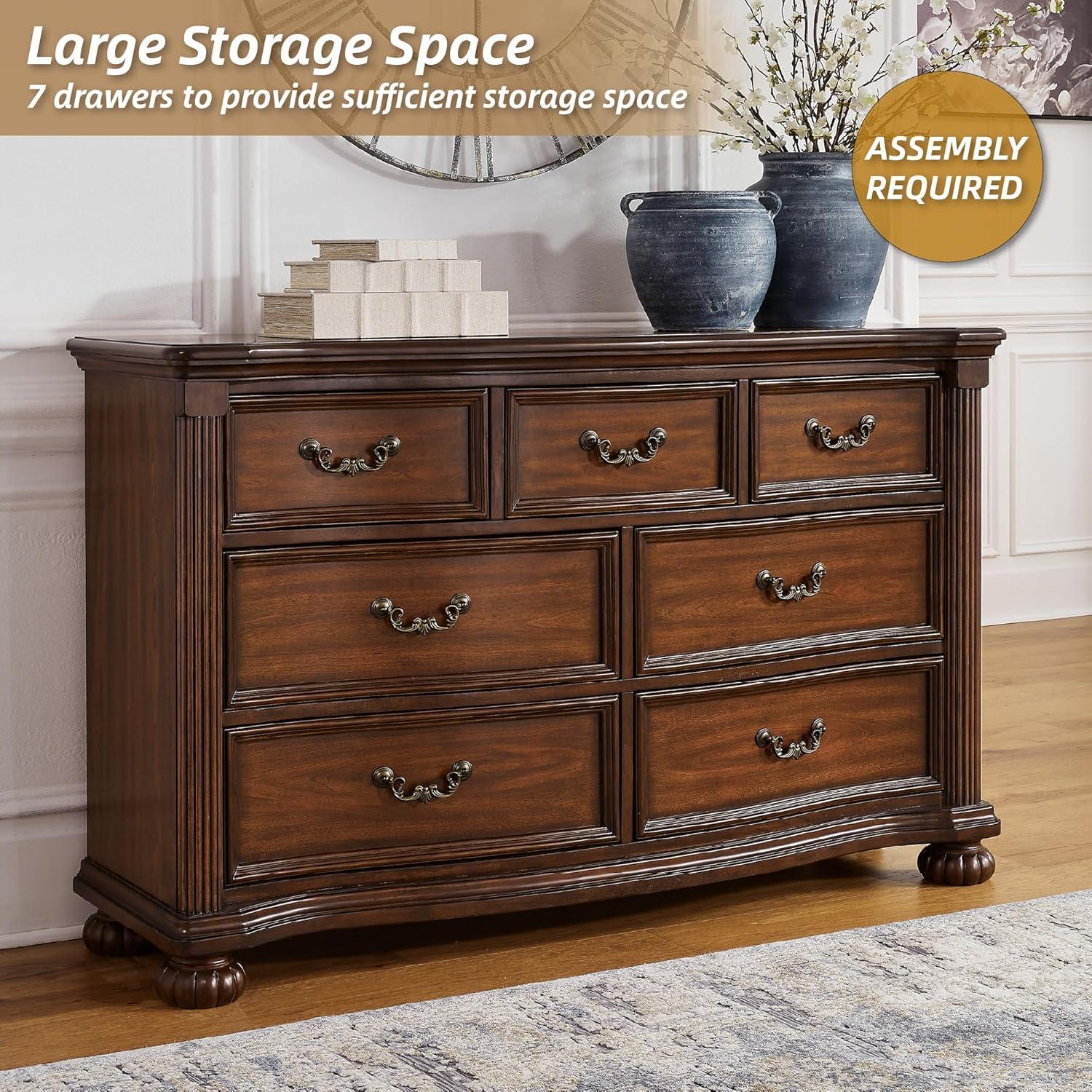 imageSignature Design by Ashley Lavinton Traditional 7 Drawer Dresser with Safety Stop and FeltLined Top Drawer for Bedroom Dark Brown