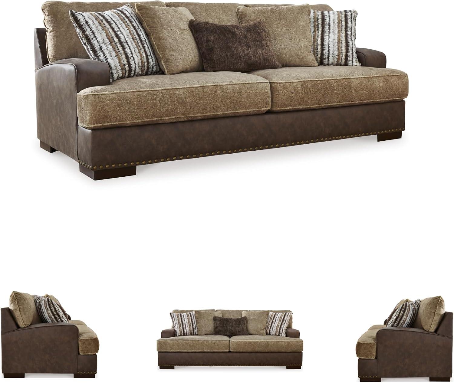 imageSignature Design by Ashley Maggie Contemporary Upholstered Sofa with Accent Pillows OffWhiteDark Brown Light Brown