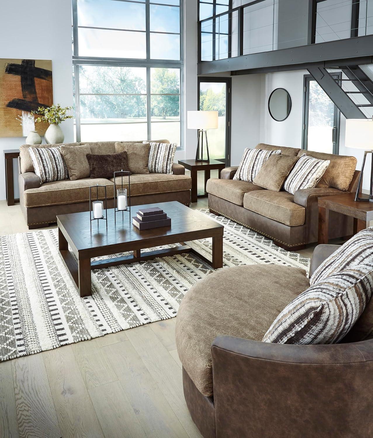 imageSignature Design by Ashley Maggie Contemporary Upholstered Sofa with Accent Pillows OffWhiteDark Brown Light Brown