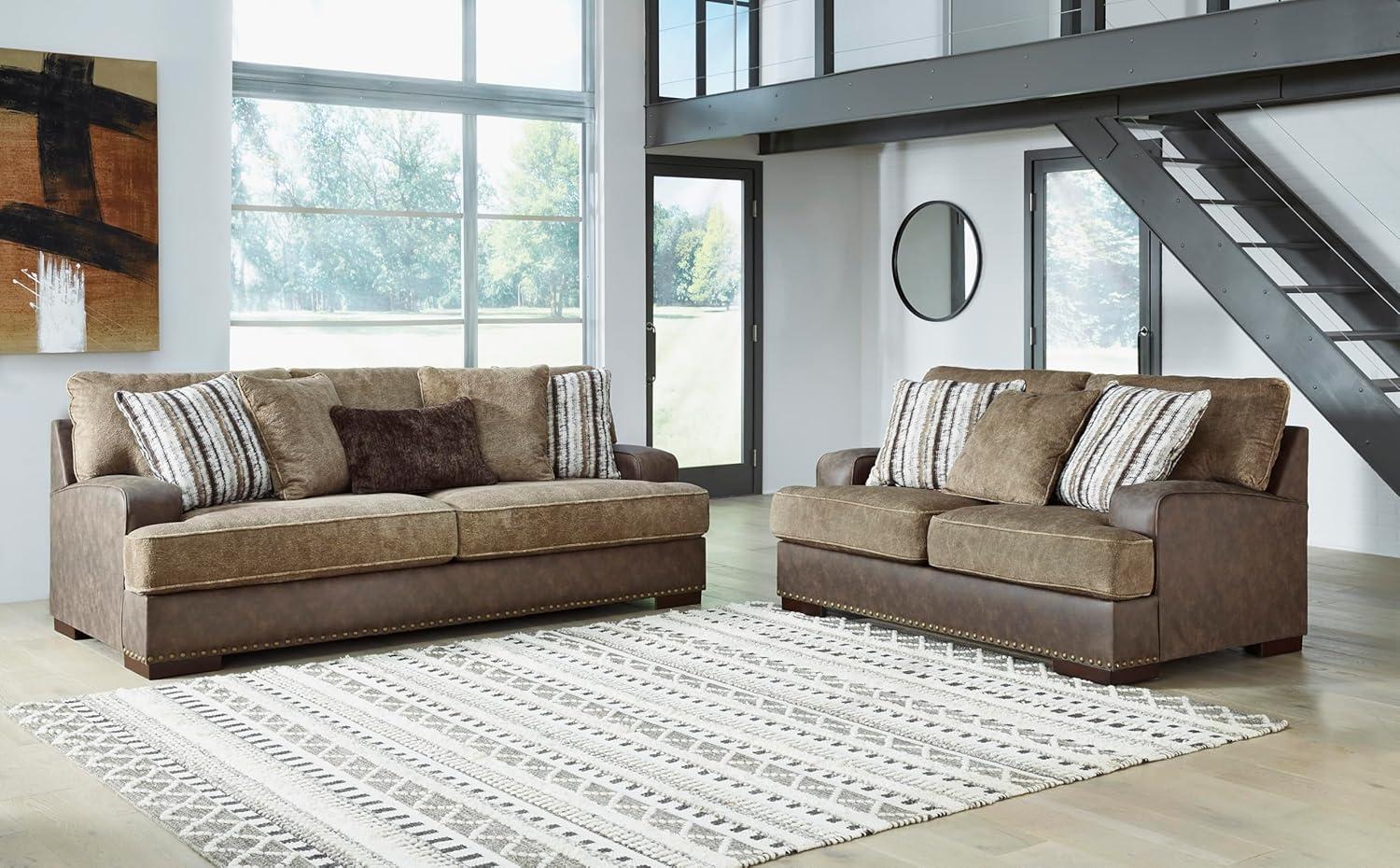 imageSignature Design by Ashley Maggie Contemporary Upholstered Sofa with Accent Pillows OffWhiteDark Brown Light Brown