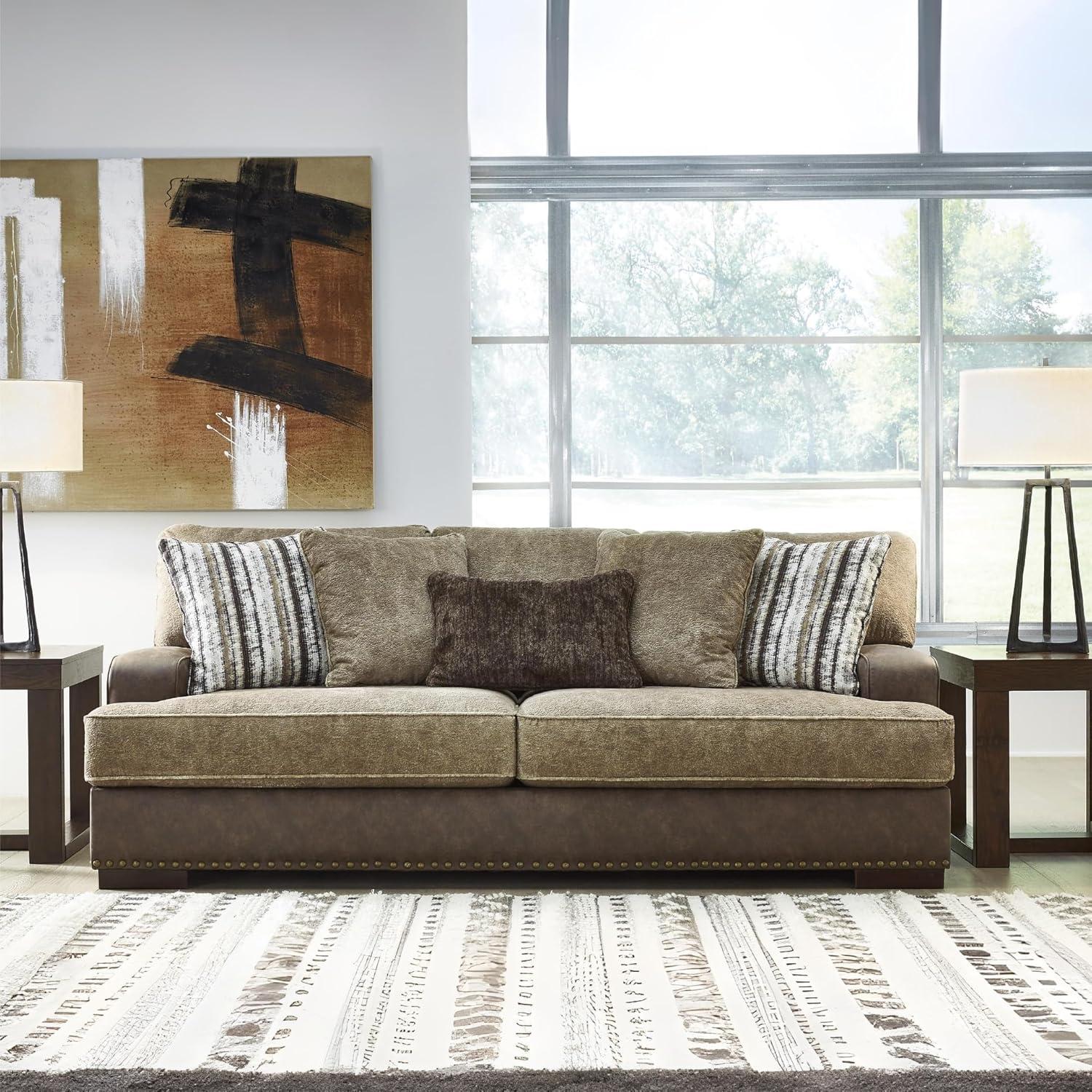 imageSignature Design by Ashley Maggie Contemporary Upholstered Sofa with Accent Pillows OffWhiteDark Brown Light Brown