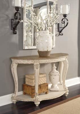 imageSignature Design by Ashley Realyn French Country SemiCircle Console Table White ampamp BrownWhitewash