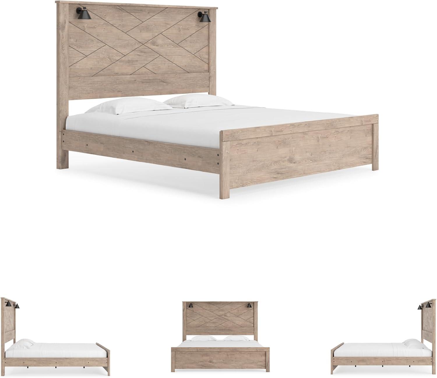 imageSignature Design by Ashley Senniberg Rustic Queen Panel Bed with Metal Slats Foundation or Box Spring Needed Light BrownLight BrownBlack