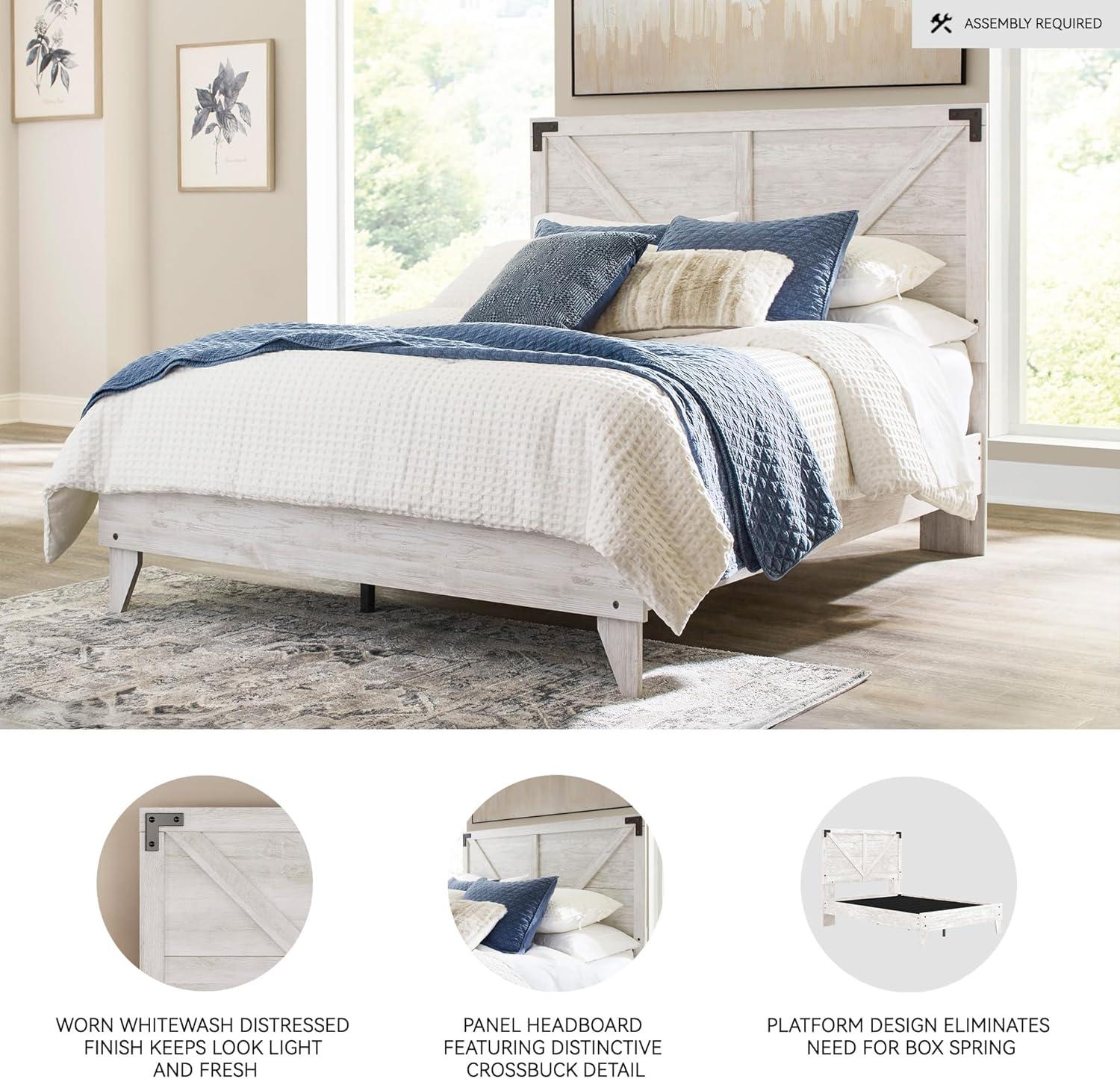 imageSignature Design by Ashley Shawburn Industrial Full Crossbuck Panel Platform Bed with Metal Slats Foundation or Box Spring Not Needed WhitewashWhiteDark Charcoal Gray