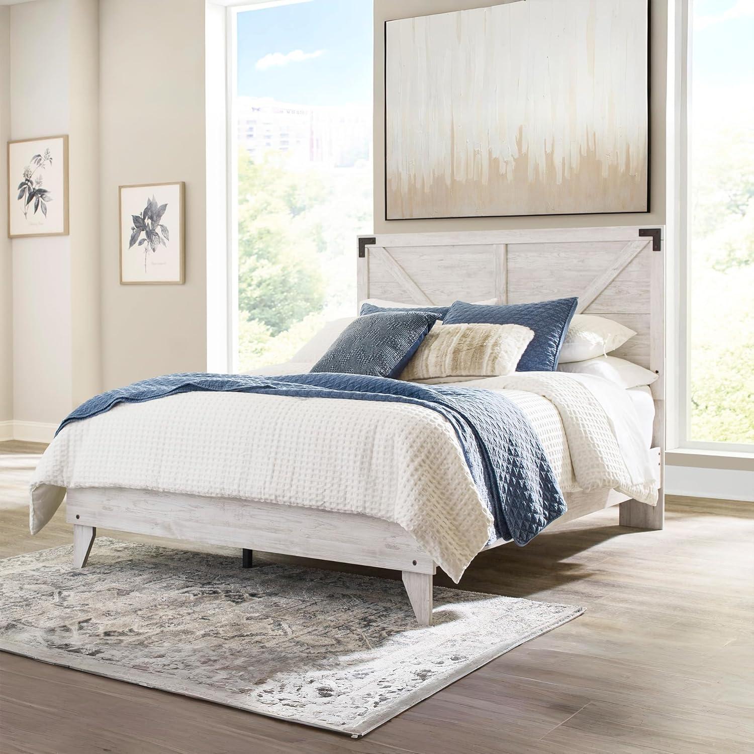 imageSignature Design by Ashley Shawburn Industrial Full Crossbuck Panel Platform Bed with Metal Slats Foundation or Box Spring Not Needed WhitewashWhiteDark Charcoal Gray