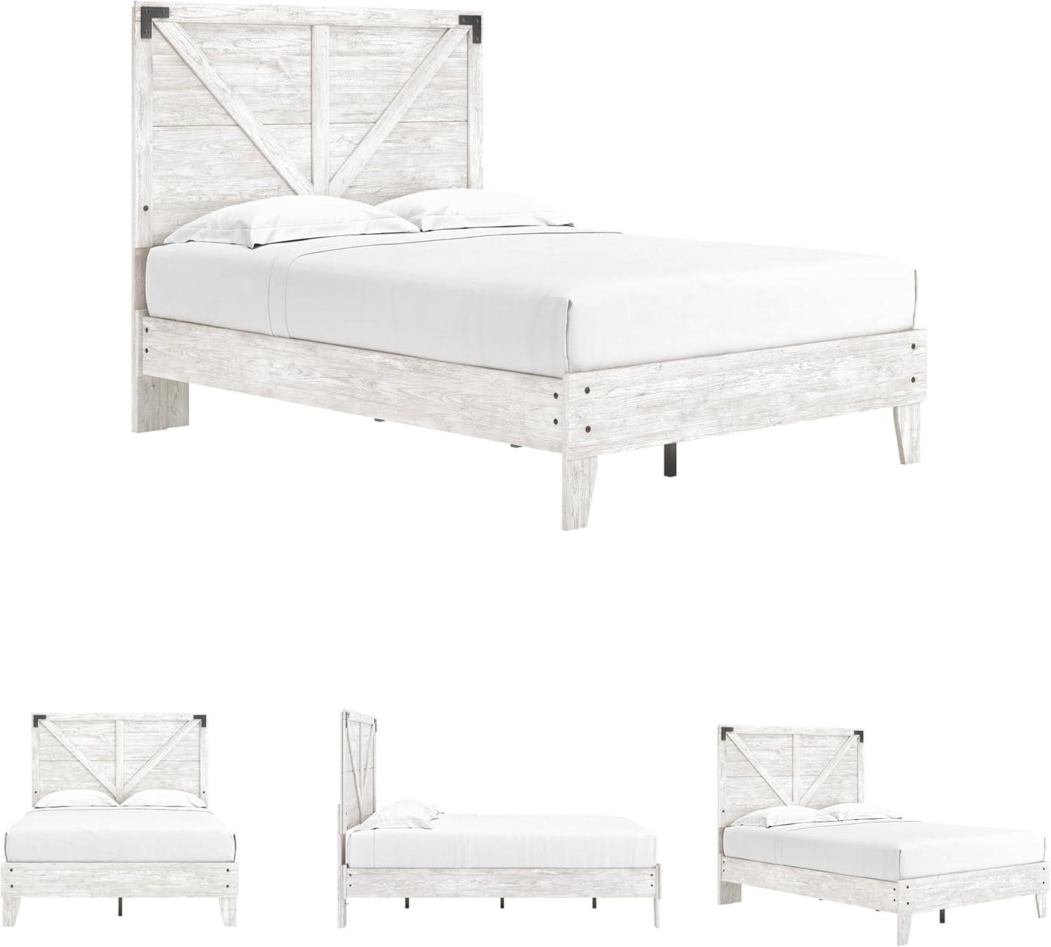 imageSignature Design by Ashley Shawburn Industrial Full Crossbuck Panel Platform Bed with Metal Slats Foundation or Box Spring Not Needed WhitewashWhiteDark Charcoal Gray