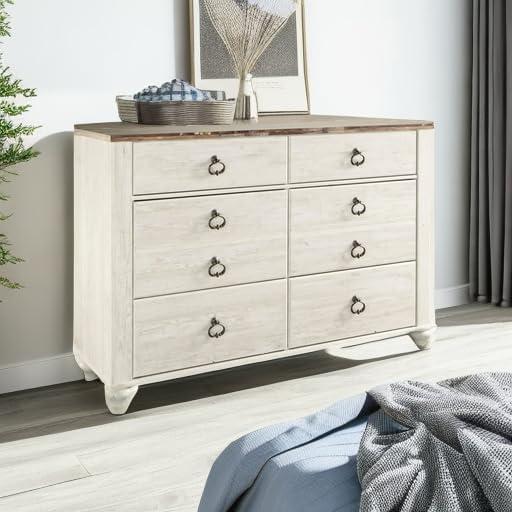 imageSignature Design by Ashley Willowton Coastal Cottage 6 Drawer Dresser with Faux Plank Top WhitewashWhitewash