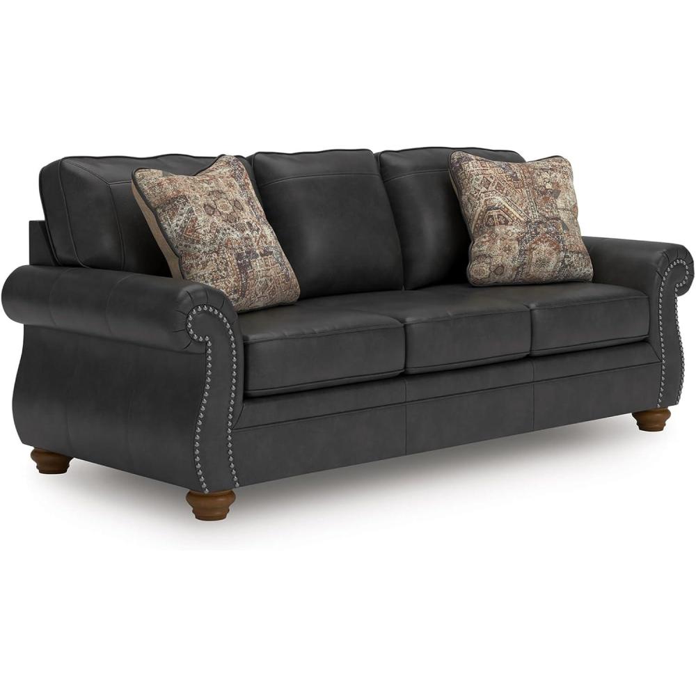 imageSignature Design by Ashley Chatterton Rustic Faux Leather Queen Sofa Sleeper with BiFold Memory Foam Mattress Nailhead Trim and 2 Throw Pillows Queen BlackGrey