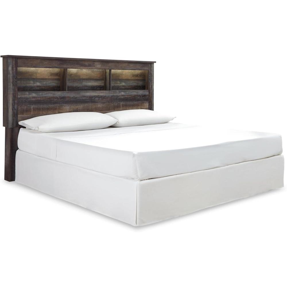 imageSignature Design by Ashley Drystan Rustic Queen Panel Platform Bed with 2 Storage Drawers Open Cubbies Sconce LED Lights and USB Ports Foundation or Box Spring Not Needed Dark Brown ampamp GrayCalifornia King