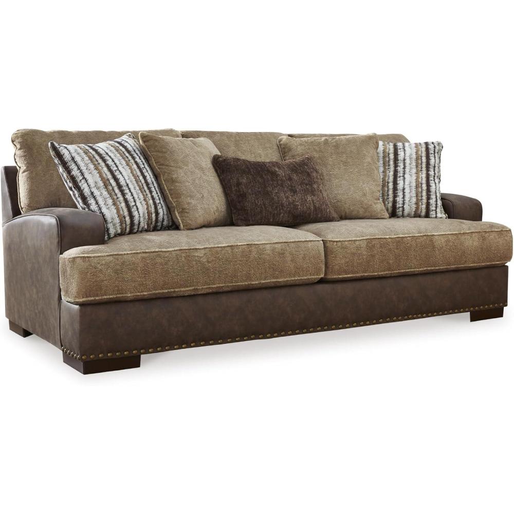 imageSignature Design by Ashley Maggie Contemporary Upholstered Sofa with Accent Pillows OffWhiteDark Brown Light Brown