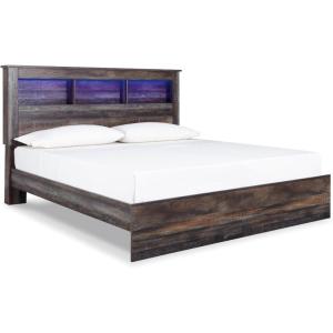 Signature Design by Ashley Drystan Rustic Queen Panel Platform Bed with 2 Storage Drawers, Open Cubbies, Sconce LED Lights and USB Ports, Foundation or Box Spring Not Needed, Dark Brown & Gray(King)
