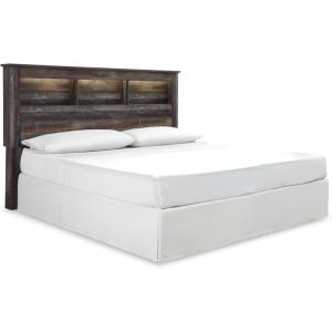 Signature Design by Ashley Drystan Rustic Queen Panel Platform Bed with 2 Storage Drawers, Open Cubbies, Sconce LED Lights and USB Ports, Foundation or Box Spring Not Needed, Dark Brown & Gray(California King)