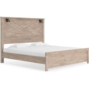 Signature Design by Ashley Senniberg Rustic Queen Panel Bed with Metal Slats, Foundation or Box Spring Needed, Light Brown(Light Brown/Black)