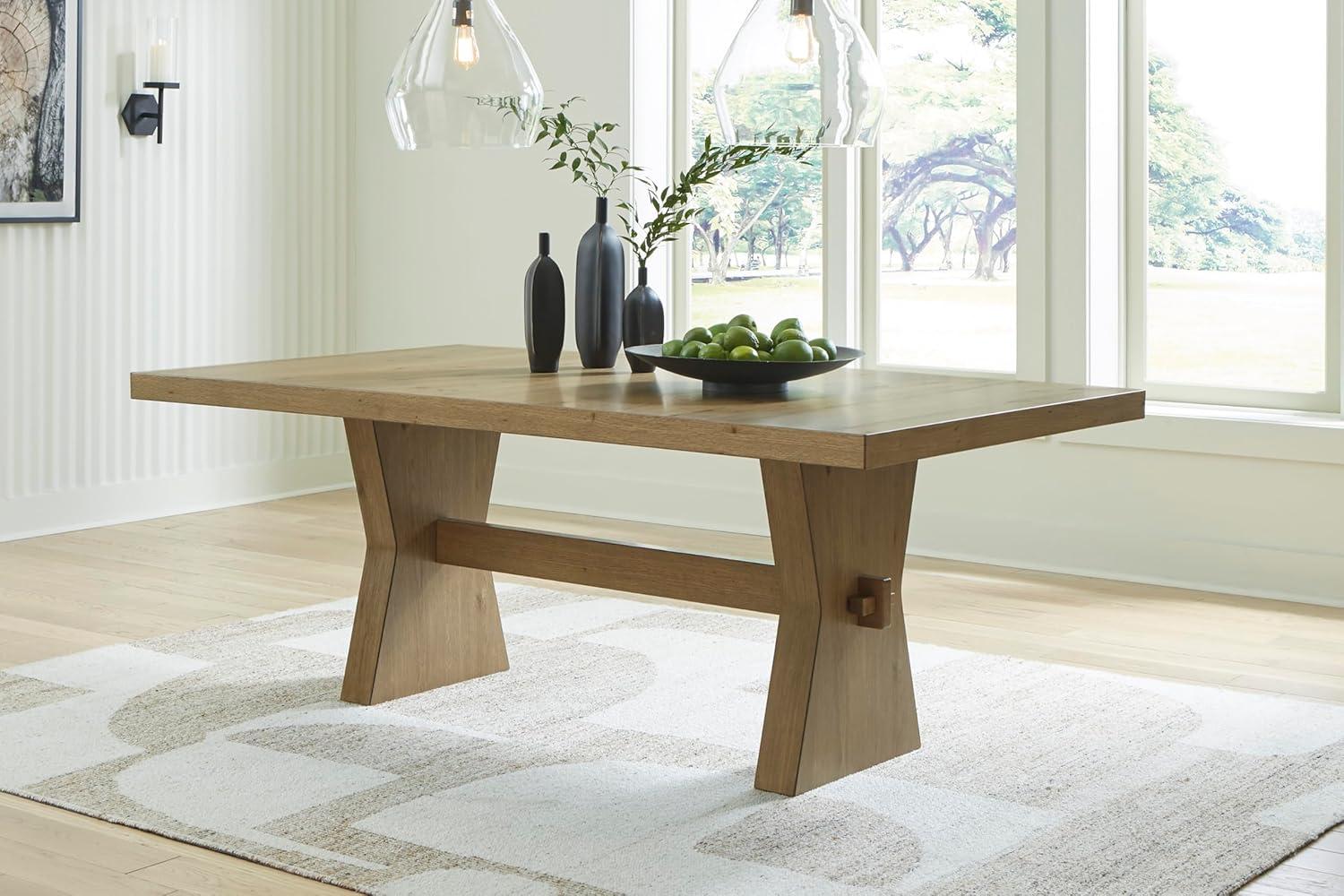 imageSignature Design by Ashley Galliden Farmhouse Dining Table with ExtraThick Tabletop and Trestle Base Light Brown