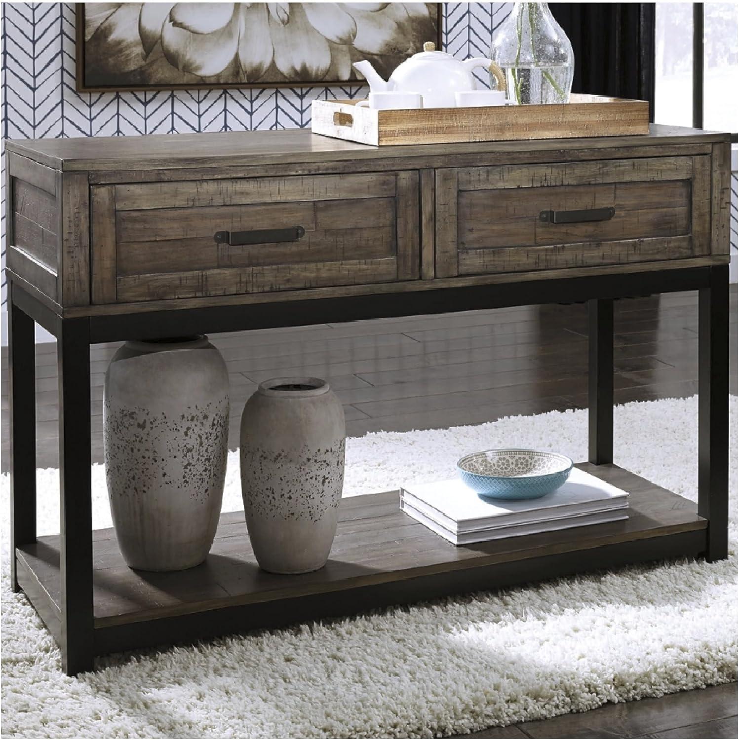 imageSignature Design by Ashley Johurst Rustic Rectangular Sofa Table with Two Drawers and Fixed Lower Shelf BrownBrown