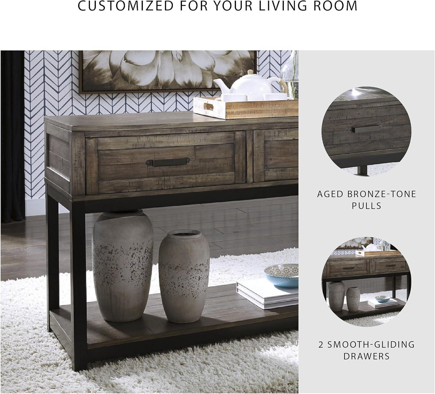 imageSignature Design by Ashley Johurst Rustic Rectangular Sofa Table with Two Drawers and Fixed Lower Shelf BrownBrown
