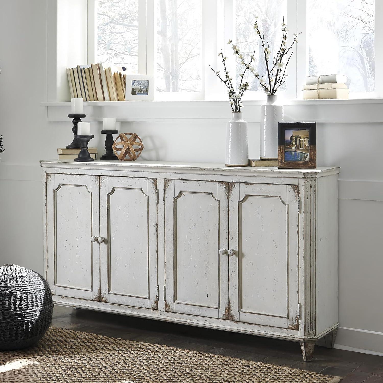 imageSignature Design by Ashley Mirimyn Distressed 4Door Accent Cabinet or TV Stand Antique White