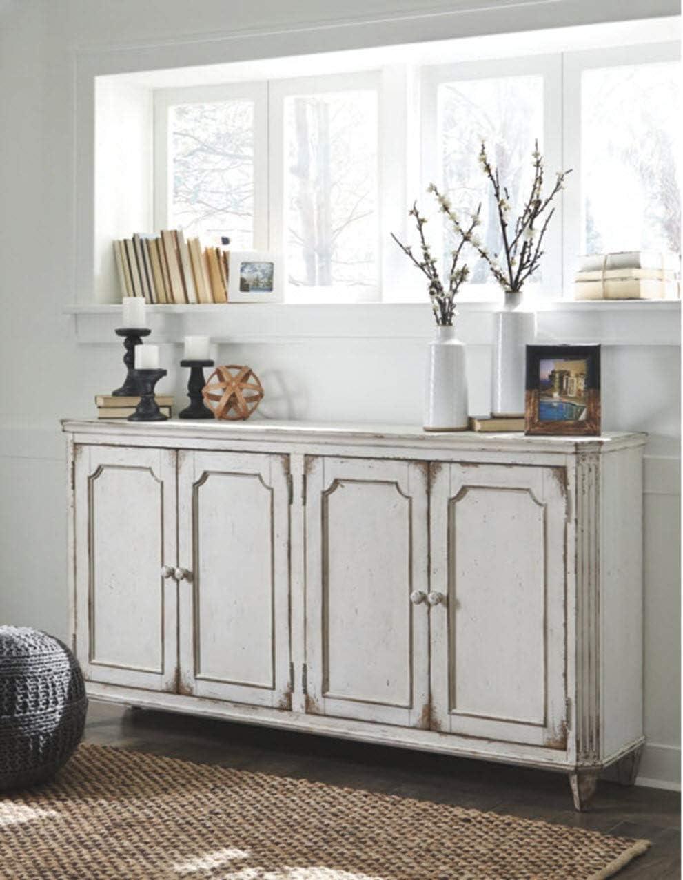 imageSignature Design by Ashley Mirimyn Distressed 4Door Accent Cabinet or TV Stand Antique White