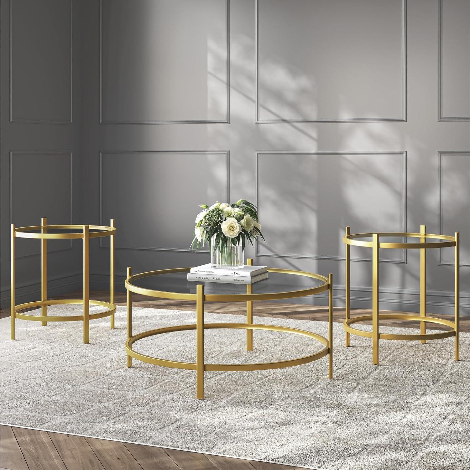imageSignature Design by Ashley Pearlox Casual Table with Inset Tempered Glass Top Set of 3 Gold