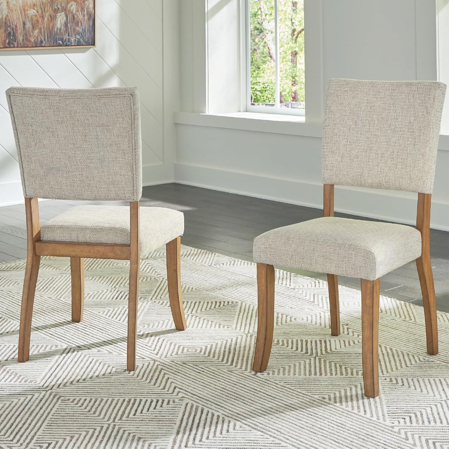 imageSignature Design by Ashley Rybergston Casual Stain Resistant Upholstered Solid Wood Dining Chair Set of 2 Beige ampamp Light Brown