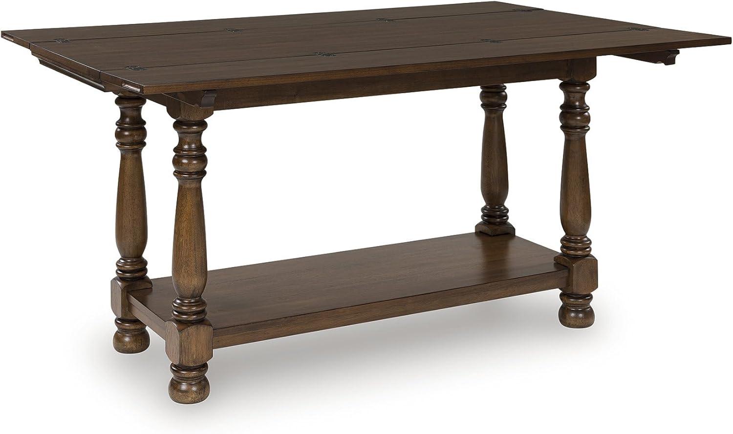 imageSignature Design by Ashley Sturlayne Transitional Expandable Flip Top Sofa Table with Lower Shelf and Turned Leg Dark Brown