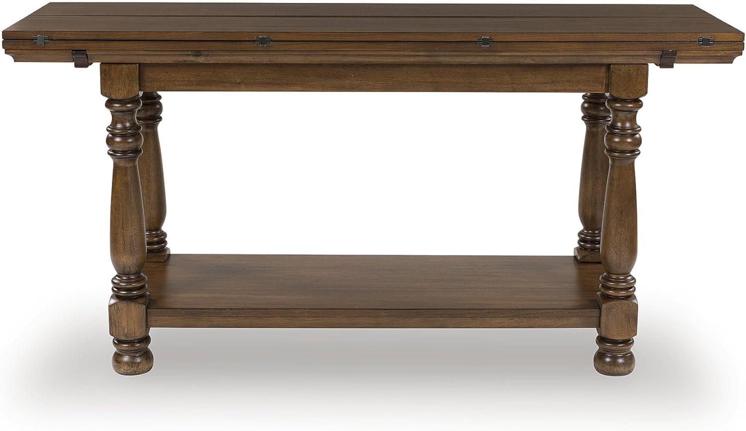 imageSignature Design by Ashley Sturlayne Transitional Expandable Flip Top Sofa Table with Lower Shelf and Turned Leg Dark Brown