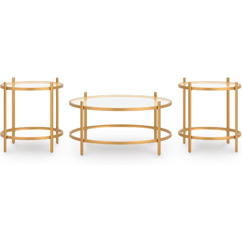 imageSignature Design by Ashley Pearlox Casual Table with Inset Tempered Glass Top Set of 3 Gold