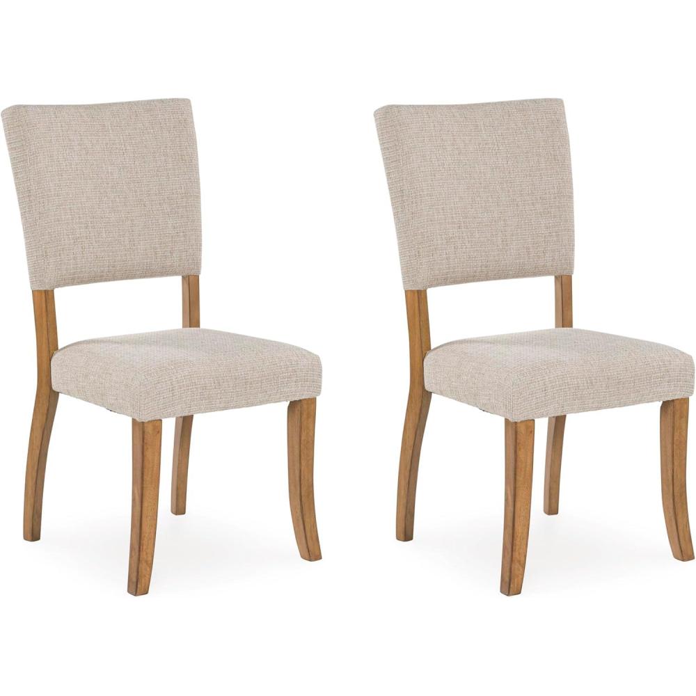 imageSignature Design by Ashley Rybergston Casual Stain Resistant Upholstered Solid Wood Dining Chair Set of 2 Beige ampamp Light Brown