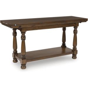 Signature Design by Ashley Sturlayne Transitional Expandable Flip Top Sofa Table with Lower Shelf and Turned Leg, Dark Brown