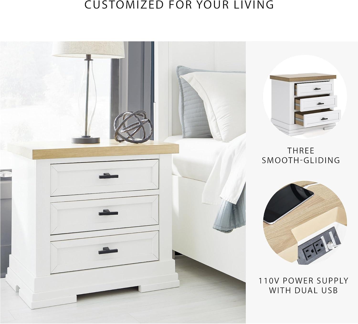 imageSignature Design by Ashley Ashbryn Three Drawer Farmhouse Style Nightstand White ampamp Natural Brown USB Charging Spacious Storage Dovetail Drawers
