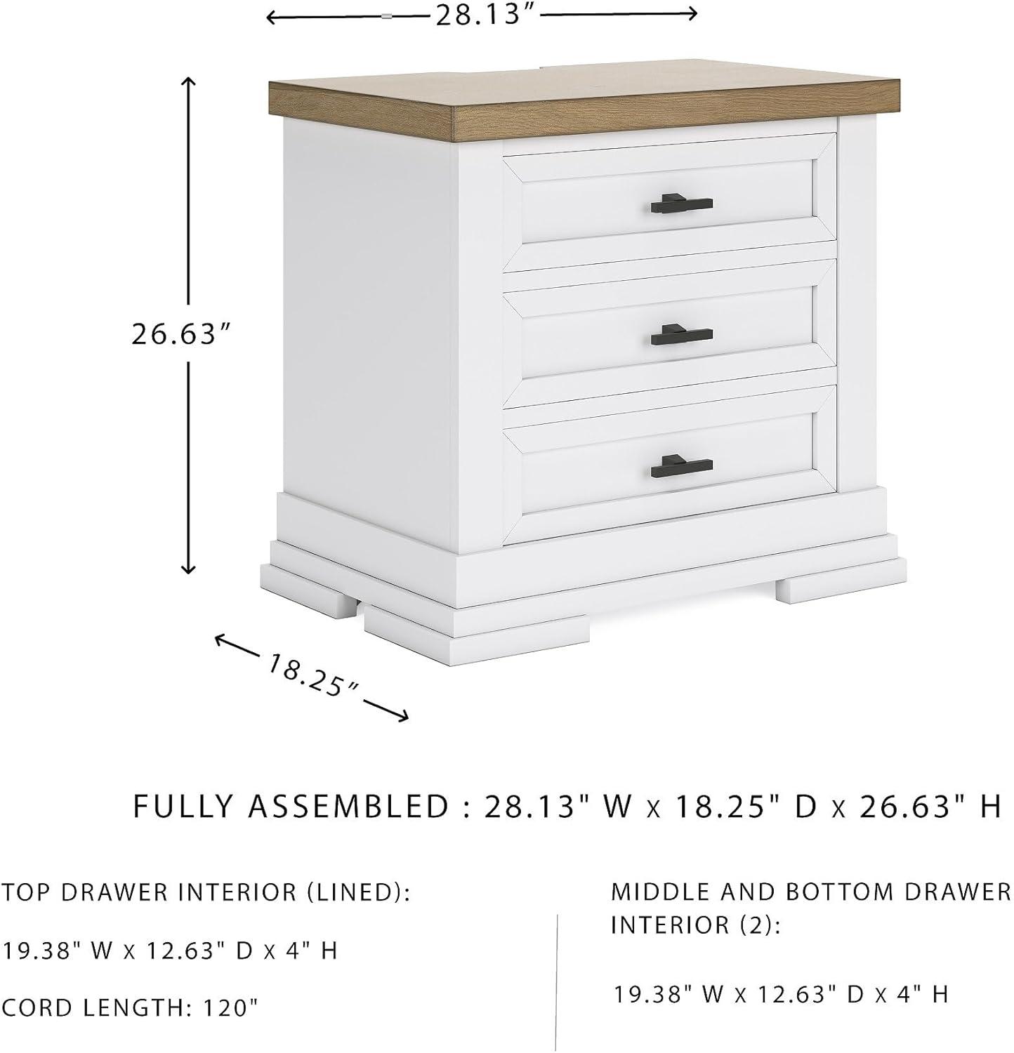 imageSignature Design by Ashley Ashbryn Three Drawer Farmhouse Style Nightstand White ampamp Natural Brown USB Charging Spacious Storage Dovetail Drawers
