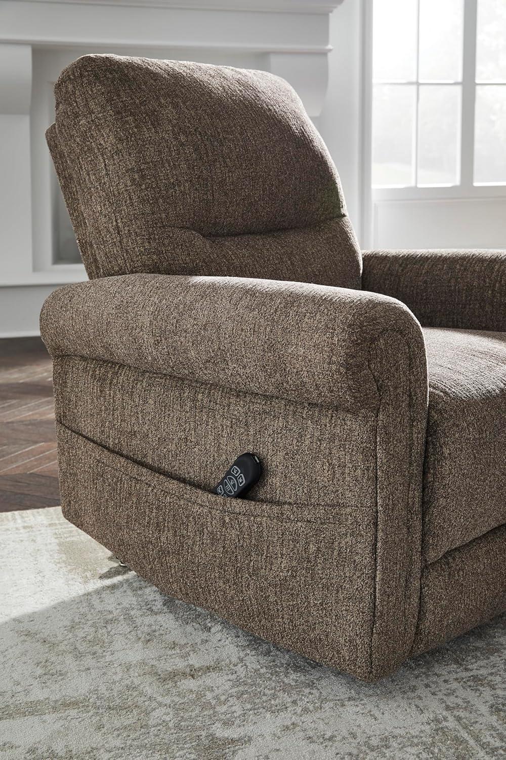 imageSignature Design by Ashley Aureta Classic Stain Resistant Power Lift Recliner with Side Pocket Heat and Massage Dark BrownEarth