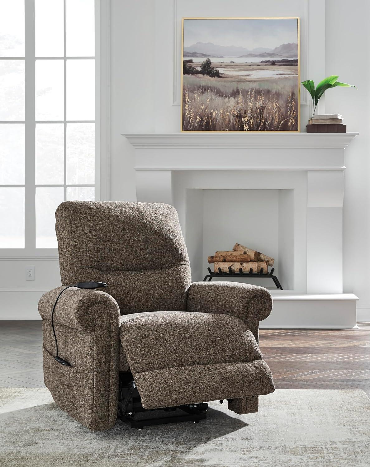 imageSignature Design by Ashley Aureta Classic Stain Resistant Power Lift Recliner with Side Pocket Heat and Massage Dark BrownEarth