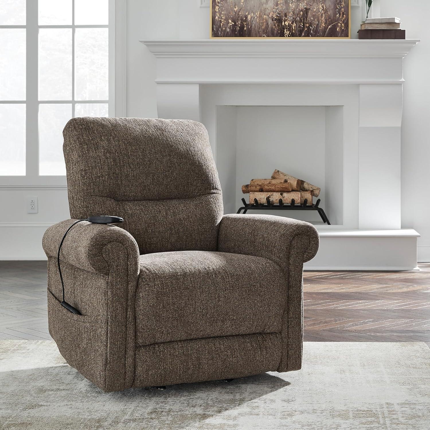imageSignature Design by Ashley Aureta Classic Stain Resistant Power Lift Recliner with Side Pocket Heat and Massage Dark BrownEarth