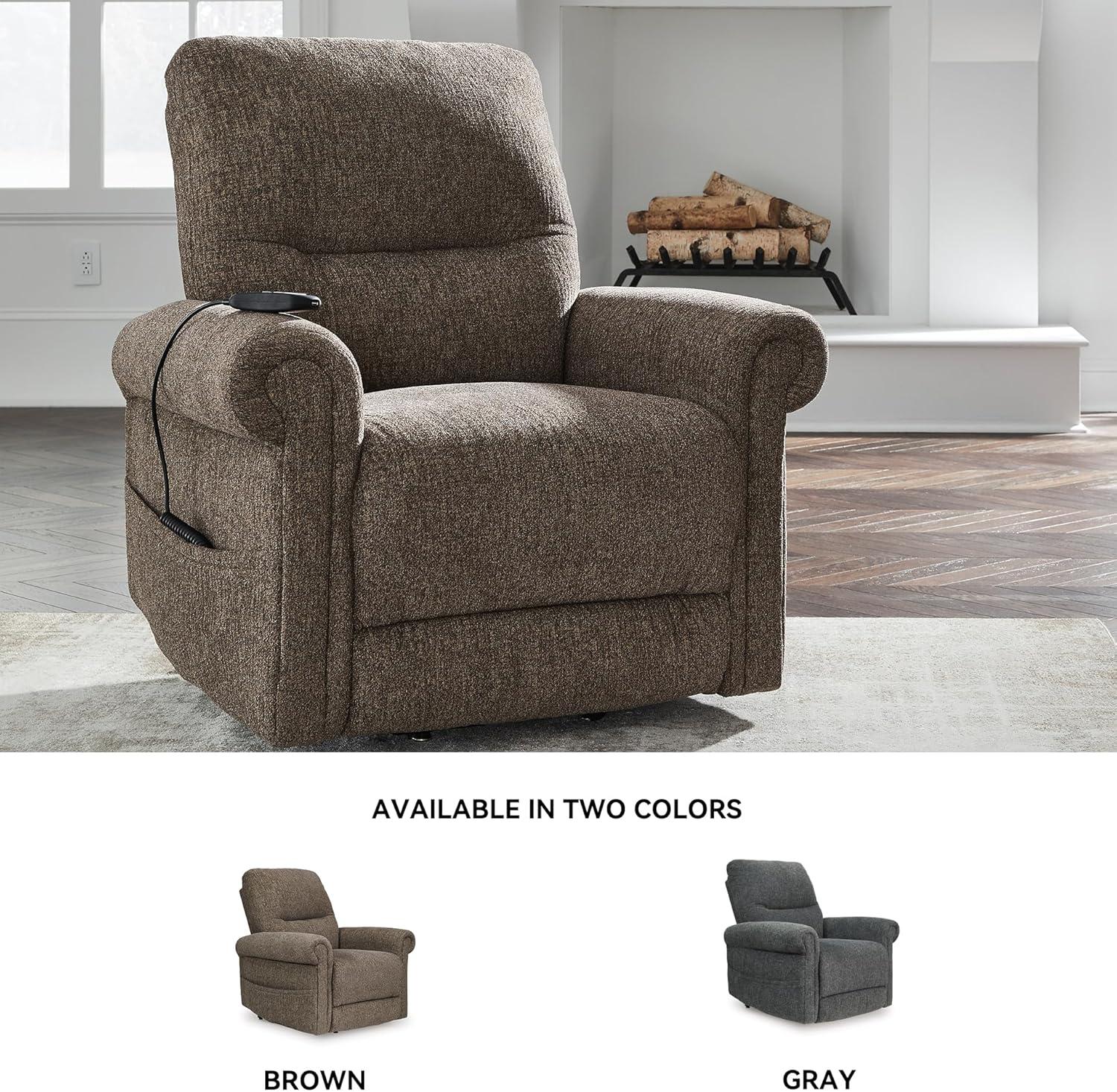 imageSignature Design by Ashley Aureta Classic Stain Resistant Power Lift Recliner with Side Pocket Heat and Massage Dark BrownEarth