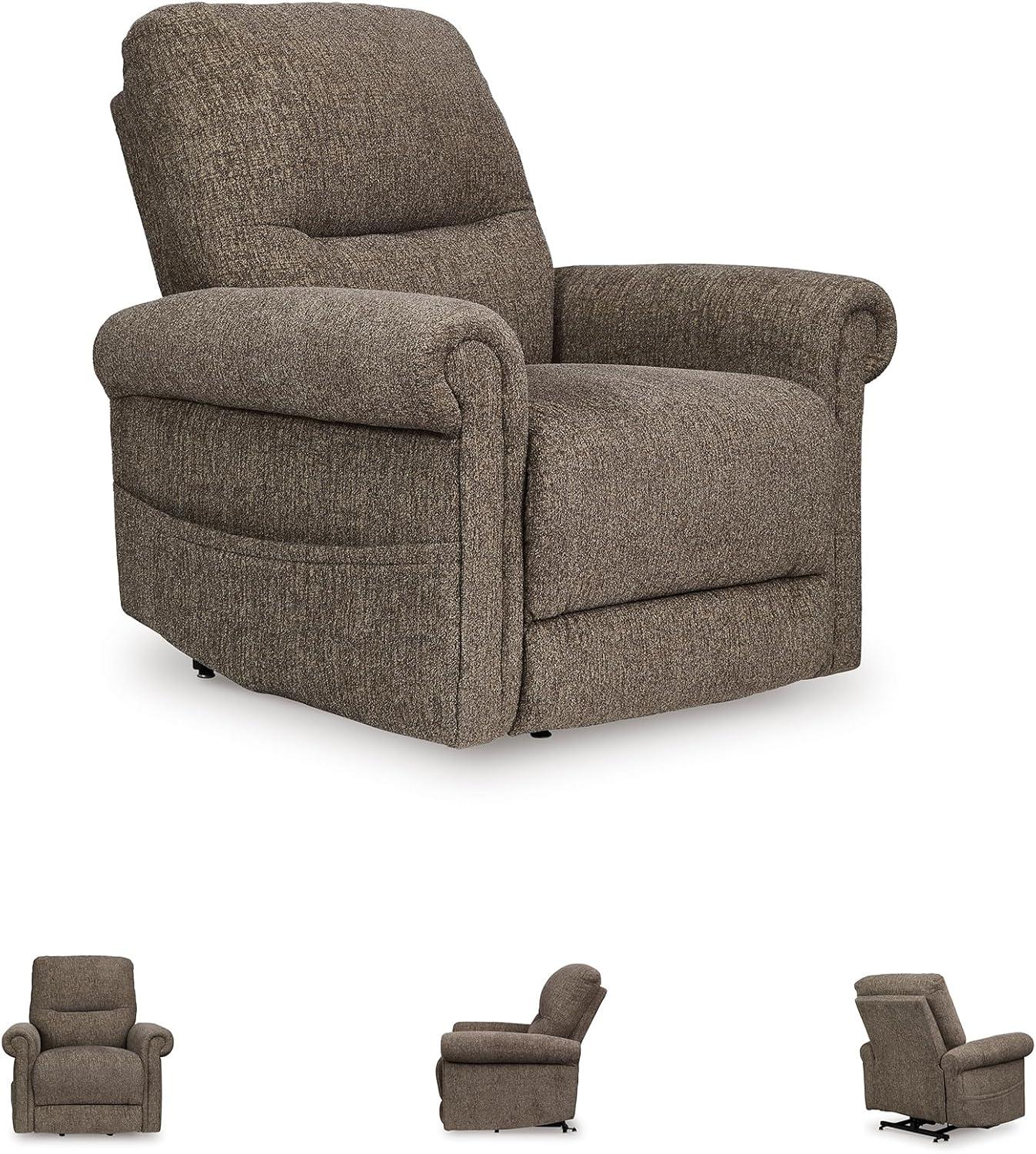 imageSignature Design by Ashley Aureta Classic Stain Resistant Power Lift Recliner with Side Pocket Heat and Massage Dark BrownEarth